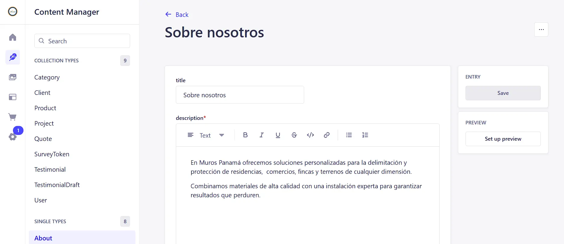 Panel de Strapi CMS de Muros Panamá